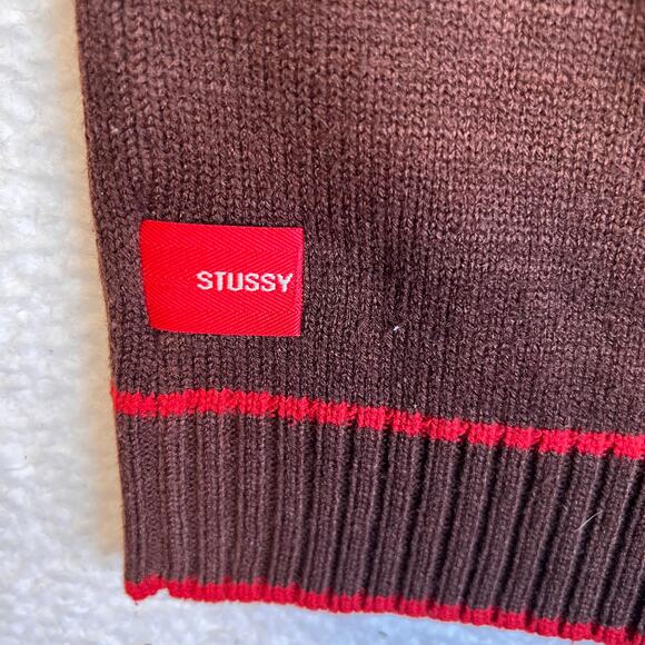 Stussy Y2K Wool Sweater Zip Mens Size Large Brown Red Trim Vintage - Picture 5 of 5